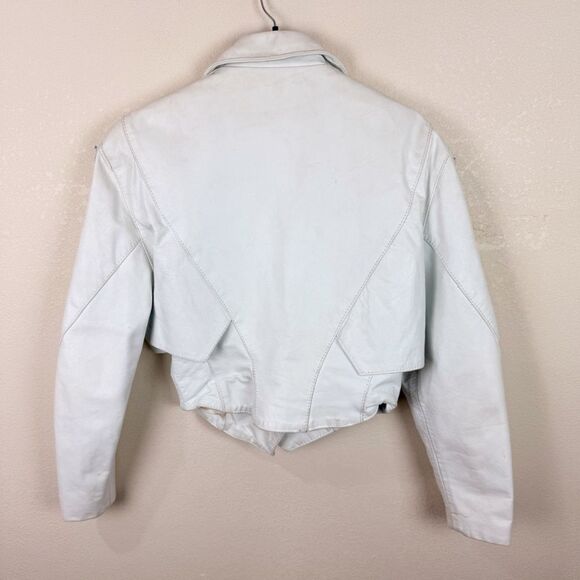 Vintage 80s White Leather Moto Jacket Coat Cropped Size Medium - Picture 10 of 12